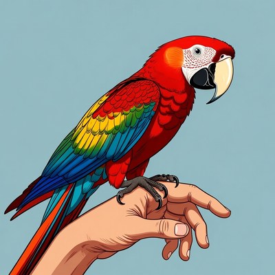 Red Macaw Parrot on Human Hand