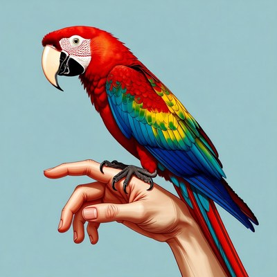 Red Macaw Parrot on Human Hand