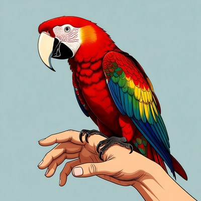 Red Macaw Parrot on Human Hand