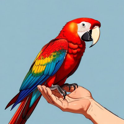 Red Macaw Parrot on Human Hand