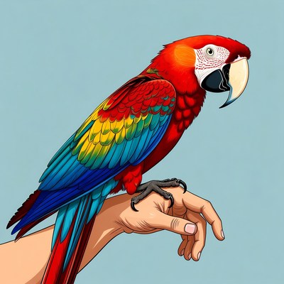 Red Macaw Parrot on Human Hand