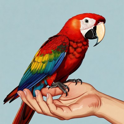 Red Macaw Parrot on Human Hand