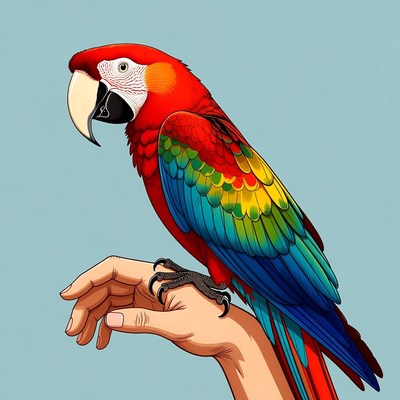 Red Macaw Parrot on Human Hand