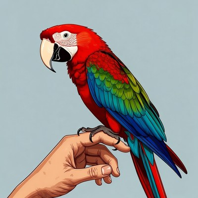 Red Macaw Parrot on Human Hand