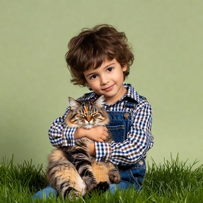 Boy hugging tabby kitten