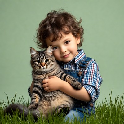 Boy hugging tabby kitten