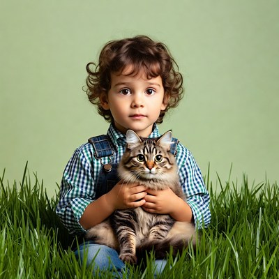 Toddler boy holding tabby kitten