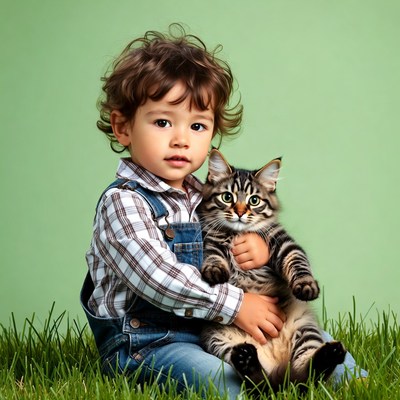Toddler boy holding kitten