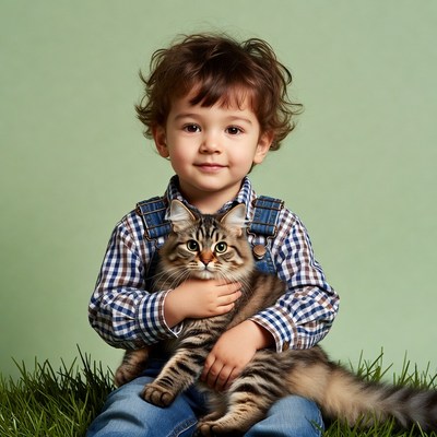 Boy holding tabby kitten on grass