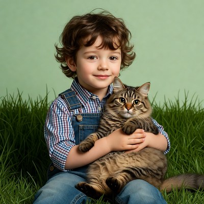 Boy holding tabby kitten on grass