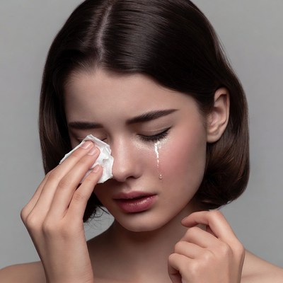 Woman crying holding tissue