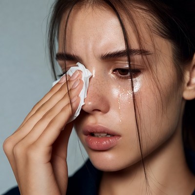 Woman wiping tears with tissue