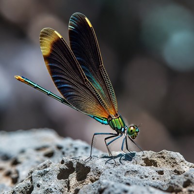 Colorful Dragonfly on Rock