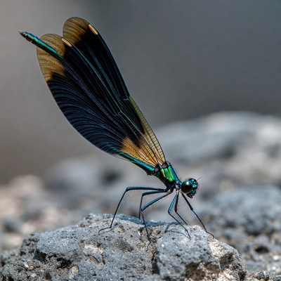 Colorful damselfly on rock