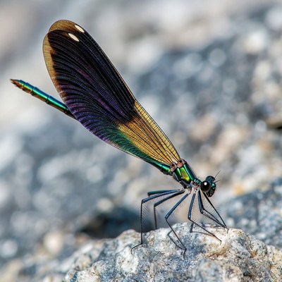 Colorful damselfly on rock