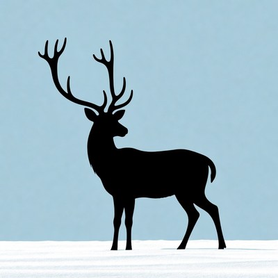 Black silhouette deer on snowy blue background