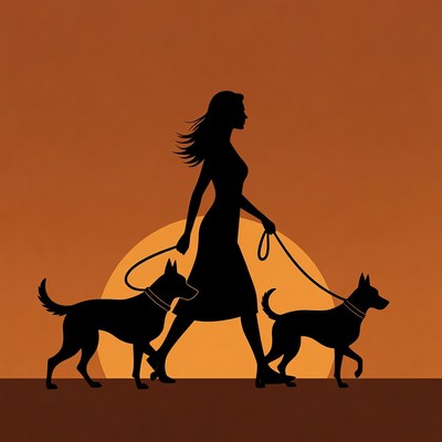 Silhouette woman walking two dogs