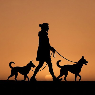 Woman walking two dogs silhouette sunset