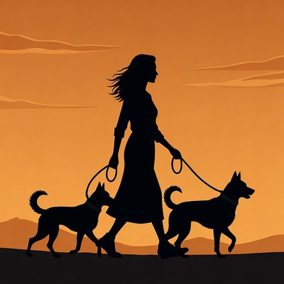 Woman walking two dogs silhouette