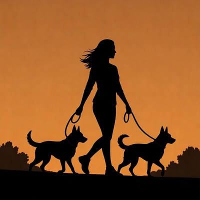 Silhouette woman walking two dogs