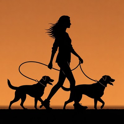 Silhouette woman walking two dogs