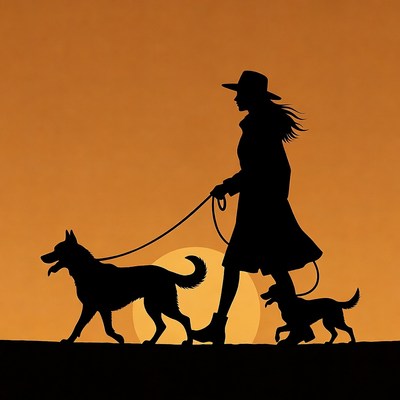 Woman walking two dogs silhouette