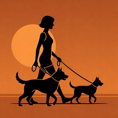 Woman walking two dogs silhouette