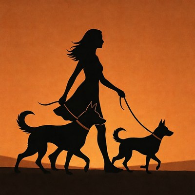 Woman walking two dogs silhouette