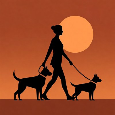 Woman walking two dogs silhouette