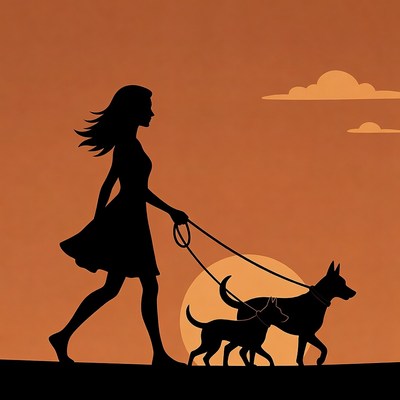 Silhouette woman walking two dogs at sunset