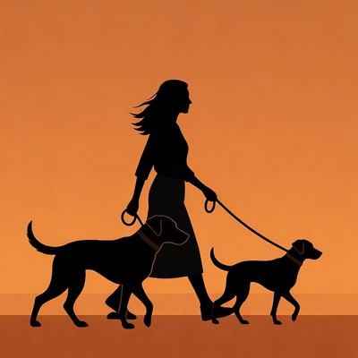 Silhouette woman walking two dogs