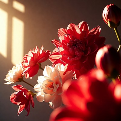 Red and White Dahlias in Sunlight