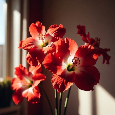 Red Hibiscus Flowers in Sunlight