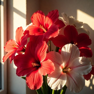 Red and White Hibiscus Flowers by Window