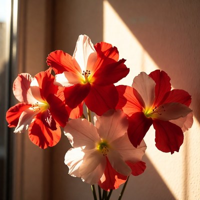 Red and White Hibiscus Flowers in Sunlight