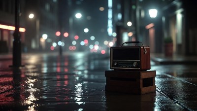 Vintage Radio on Wet Night Street