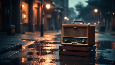 Vintage radio on rainy street