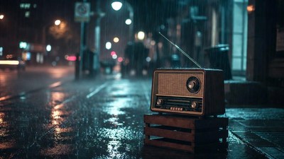Vintage Radio on Rainy Street