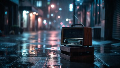 Vintage radio on rainy night street