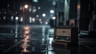 Vintage radio on rainy street