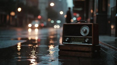 Vintage radio on wet street