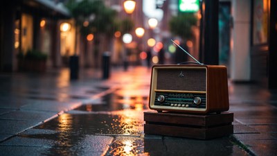 Vintage radio on rainy street