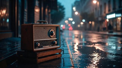 Vintage radio on rainy street