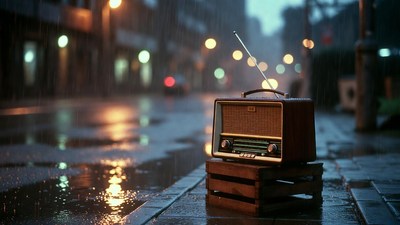 Vintage Radio on Wet Street at Night