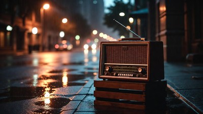 Vintage Radio on Wet Street