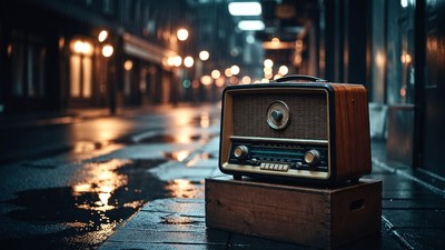Vintage radio on wet street