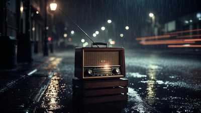 Vintage Radio on Rainy Street