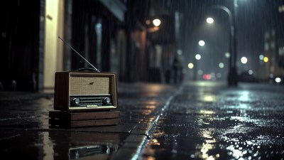 Vintage radio on rainy street
