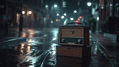 Vintage Radio on Wet Night Street