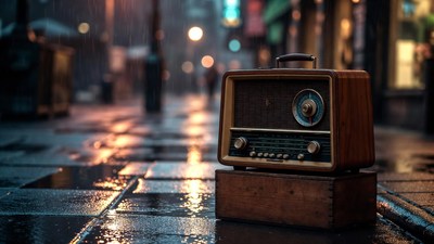 Vintage radio on rainy street